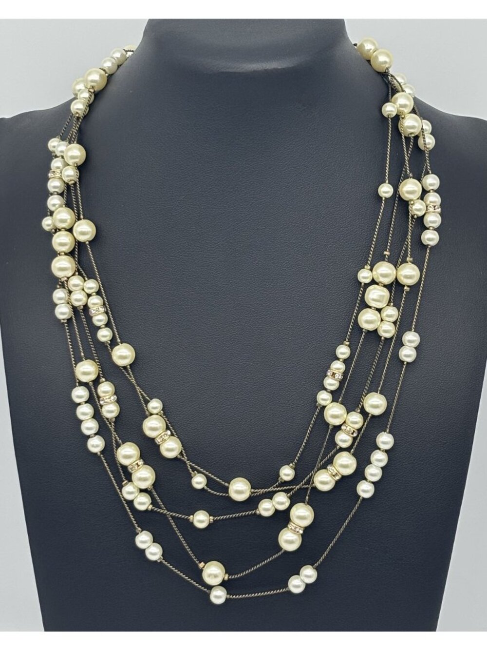 Coldwater Creek Multi-Strand Necklace Faux Pearls With Pave Set Rhinestone Beads